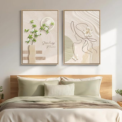 Framed Neutral Boho Wall Art for Bedroom, Mid Century Modern Bohemian Canvas by Cuspin