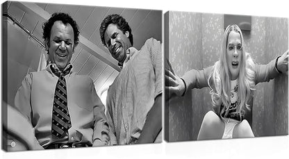 Framed Funny Movie Bathroom Canvas Wall Art Set of 2 – Black and White Vintage by ZNHARTWallArt