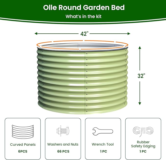 Olle 32" Tall, Raised Garden Beds Outdoor for Vegetables, Round Galvanized Raised Garden Bed, Metal Garden Boxes Outdoor Plater Box, Sage Green