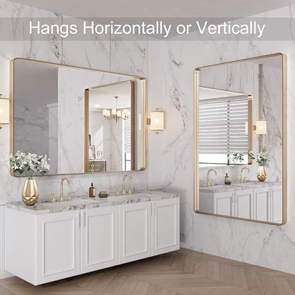 LOAAO 48”X32” Gold Bathroom Mirror, Rounded Rectangle Gold Frame Mirror - Image 8