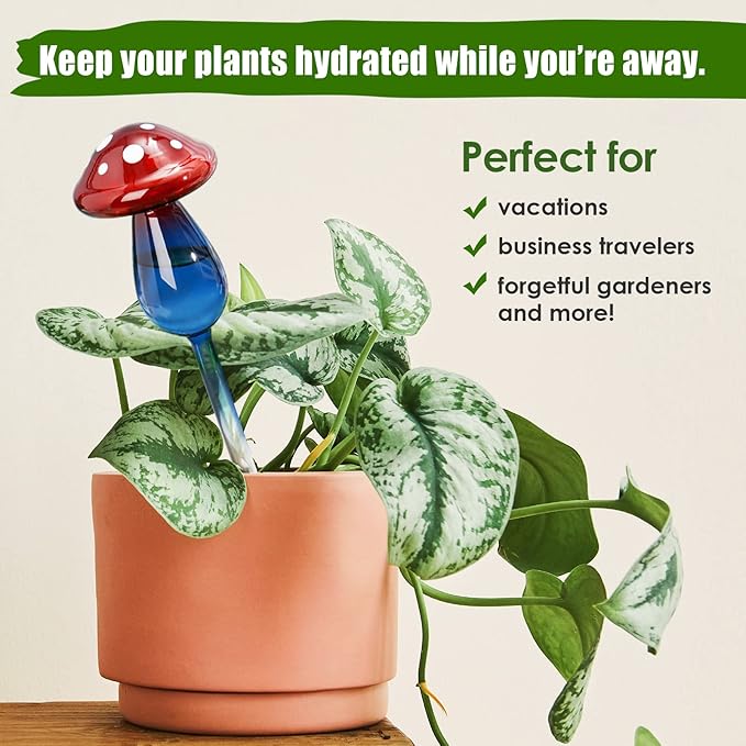 NiHome Mushroom Spike Self-Watering Bulb 2-Pack 10" Long Gradient Red Blue Hand-Blown Glass Globe Pot Plant Waterer for Home Indoor Outdoor Garden Patio Hanging Flower Automatic Irrigation System