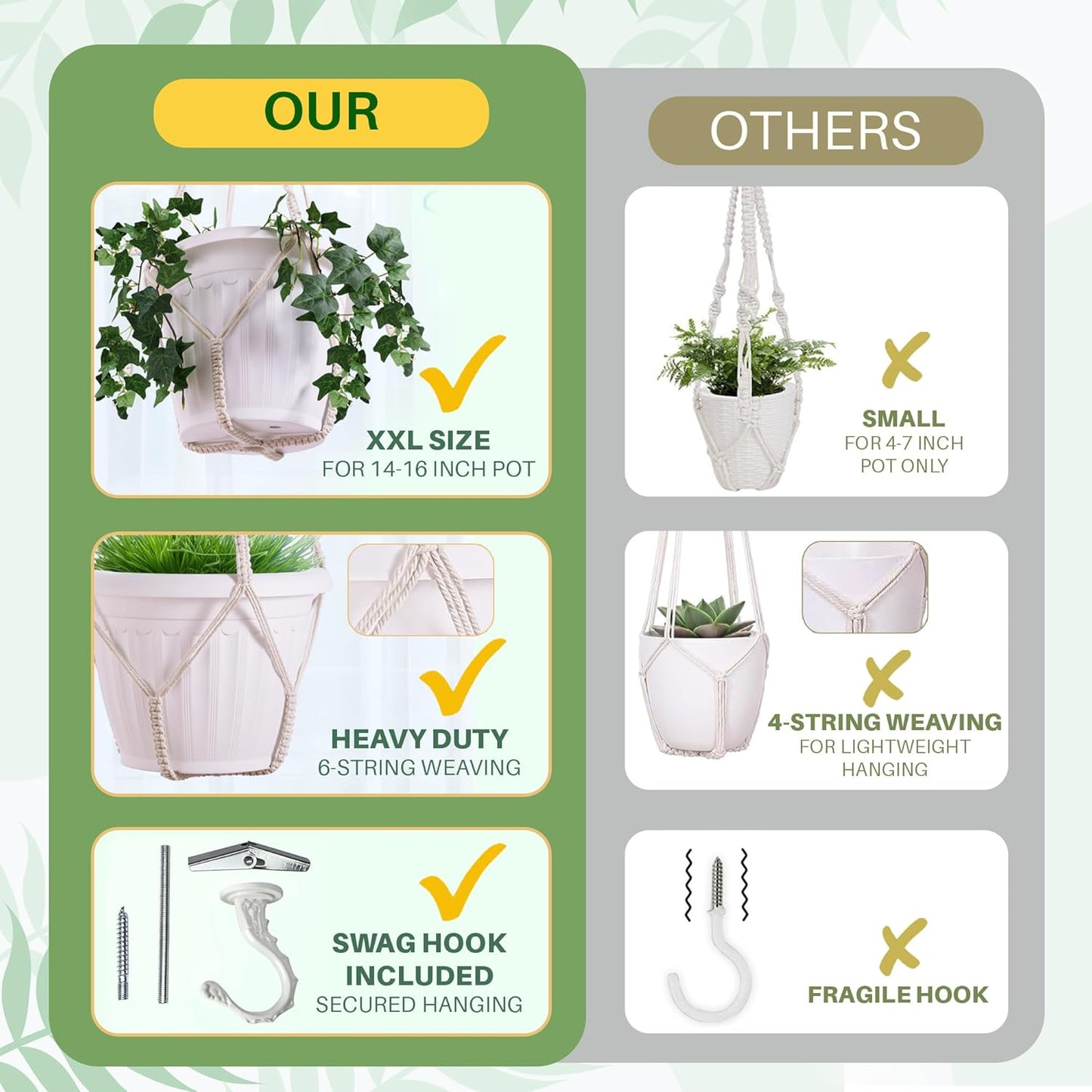 Giant XXL 55 Inches Macrame Planter Hanger Large for 15 inch Pot + Swag Hook | Extra Large Hanging Planter for Indoor Plants | No Pot/Plant Included (XXL Jute)