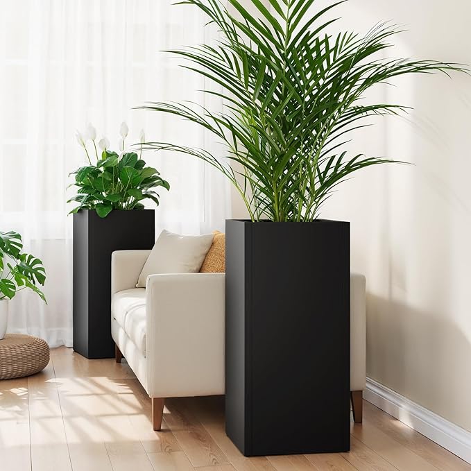 Stoog 30" Tall Planters for Outdoor Plants, All-Weather Metal Planter Boxes Set of 2, with Removable Insert Shelf, Modern Design, Indoor/Outdoor Use, Black