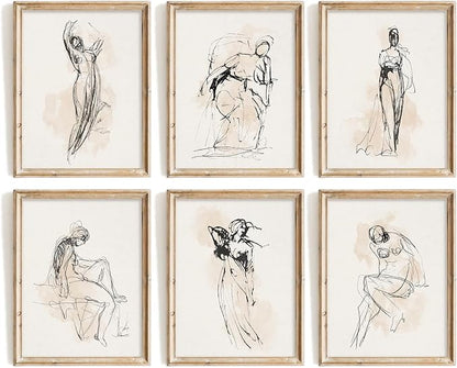 Vodefoad Figure Sketch Art Print Neutral Gallery Wall 6Pcs Set Soft feminine by VodefoadVintageWallArt