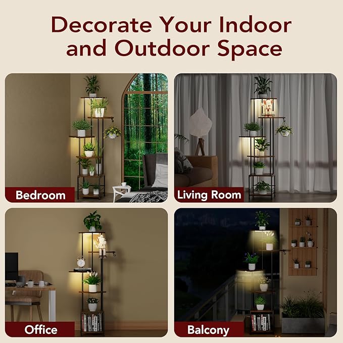 Plant Stand Indoor with Grow Light, 6-Tiered Tall Plant Stand Indoor, Metal Plant Shelf with Hanging Basket Hook and Adjustable Light, Ideal for Living Room, Garden, Patio, （Brown and Black）