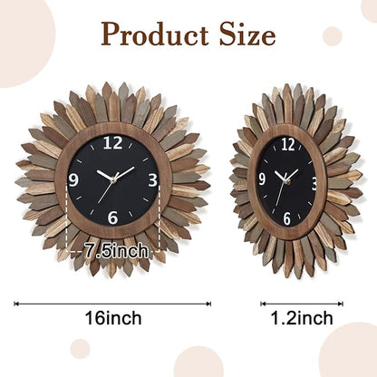 Honiway 16 Inch Wall Clocks, Rustic Wood Boho Sunburst Decorative Wall Clock - Image 5