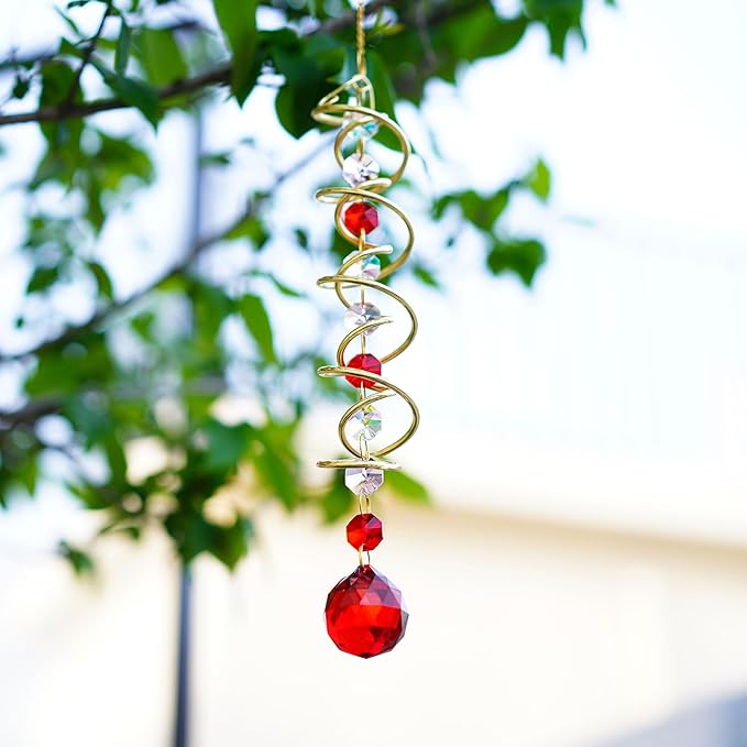 H&D HYALINE & DORA 17.7in Crystal Suncatcher Gazing Ball Spiral Tail,Wind Spinner Sun Catcher with Octagonal Beads,Sun Catchers Window Hanging for Outdoor Garden Decor