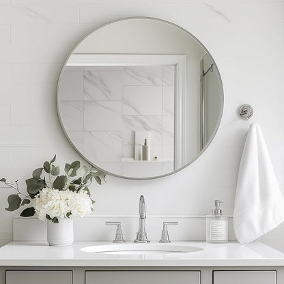 Oruii Silver Round Mirror, Round Mirror 24 inch Brushed Nickel, Circle Wall - Image 4