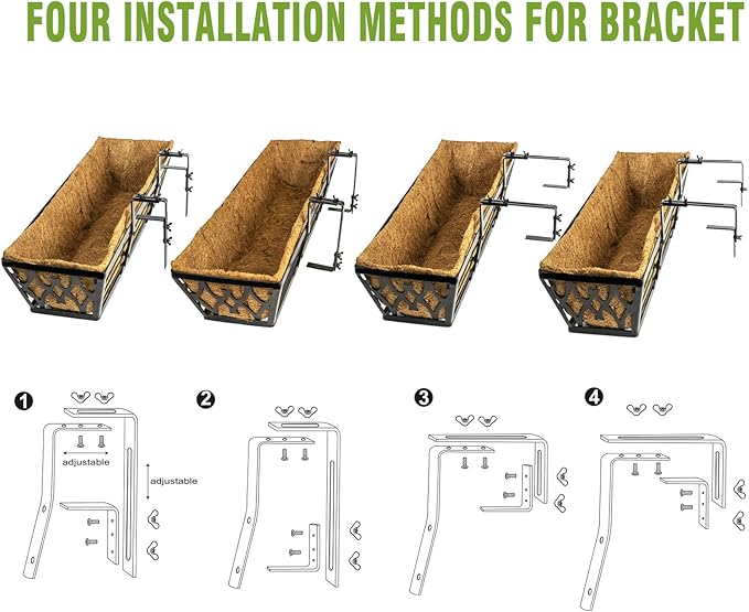 4 Pack 30 Inch Window Boxes Planters Railing Planter Box with Adjustable Brackets for Porch Fence Patio Balcony Hanging Flower Baskets with Coco Liners for Outdoor Garden Decor - Black