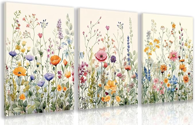 LLEEMPI Framed Watercolor Floral Wall Art Set of 3, Colorful Wildflower Wall by Unknown