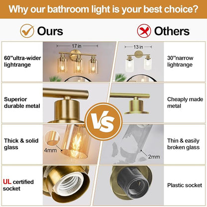 Zarbitta 3-Light Bathroom Light Fixtures, Brushed Gold Vanity Light, Farmhouse - Image 2