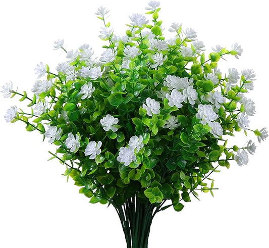 Artificial Plants Flowers Grass Shrubs 8 Pack No Fade Faux Plastic Flowers Outdoor for Vases Farmhouse Garden Porch Patio Office Indoor Wedding Decoration Greenery Fake Plants (2#White)