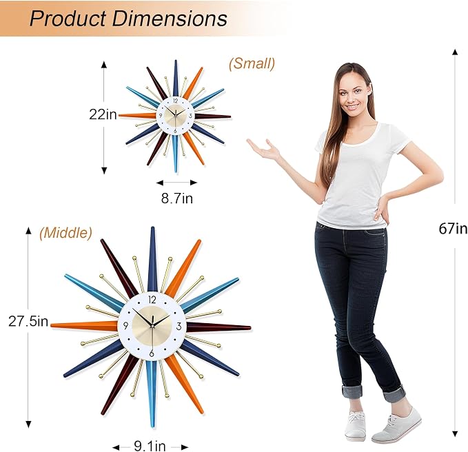 Large Wall Clock 22 Inch Modern Wall Clock Starburst Mid-Century Modern Decor - Image 3