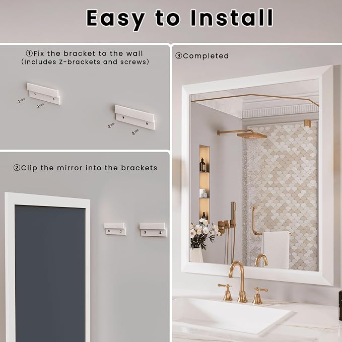 Amorho Bathroom Mirror, 44x36 Inch White Framed Bathroom Mirrors - Image 7