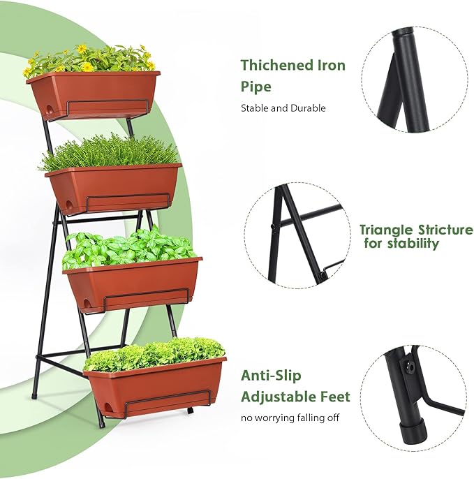 Tuenort Vertical Raised Garden Bed 4 Tiers Planter Box Freestanding Garden Planter with 4 Container Boxes for Growing Vegetables Herbs Flowers on Patio Balcony Red