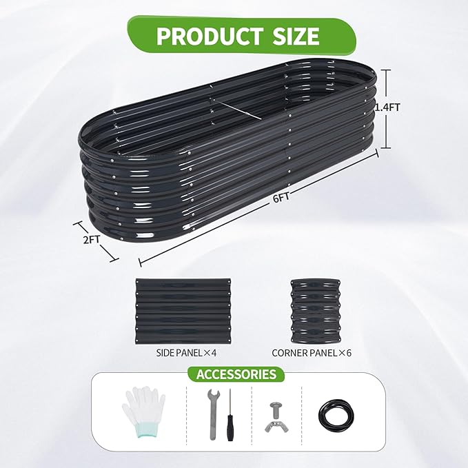 Galvanized Raised Garden Bed Outdoor- Raised Beds for Gardening| Metal Planter Box, Steel Raised Garden Bed Kit with Safety Edging and Gloves for Vegetables, Flower, Herbs (6x2x1.4FT, Gray)