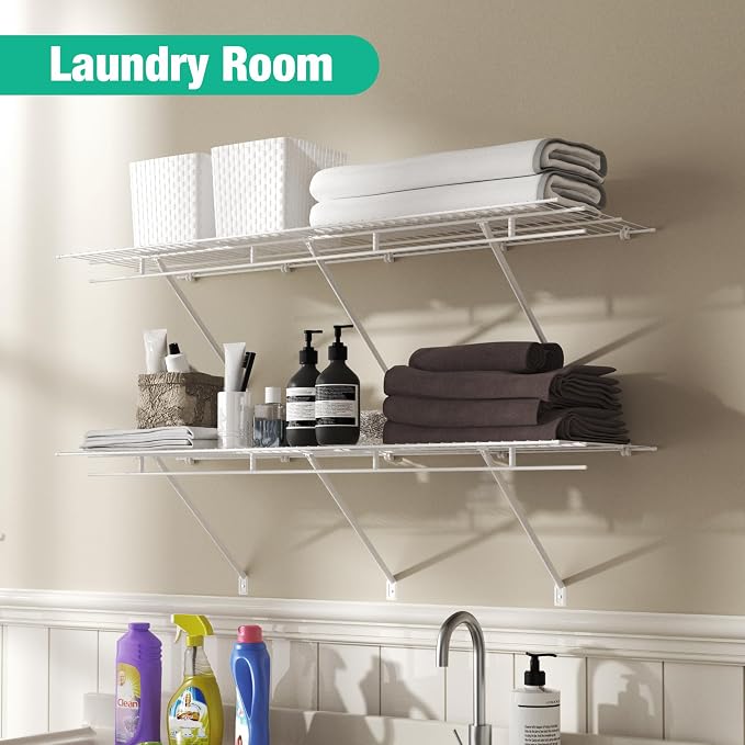 HAUSHOF Closet Shelves Wall Mounted 2-Pack, 4ft x 16in White Metal Wire Shelving - Image 2