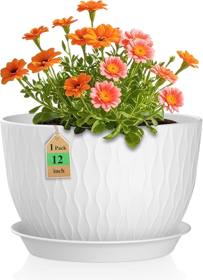 12 Inch Large Plant Pots for Indoor or Outdoor Plants, Wide Water Ripples Flower Pots with Drainage Holes & Saucer, Plastic Planters Set for Garden & Home Decor (White)