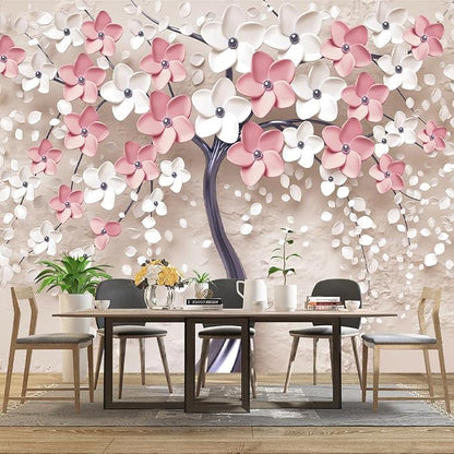 3D Relief Abstraction Pink Flowers Tree Mural Bedroom Floral Wallpaper Room - Image 3