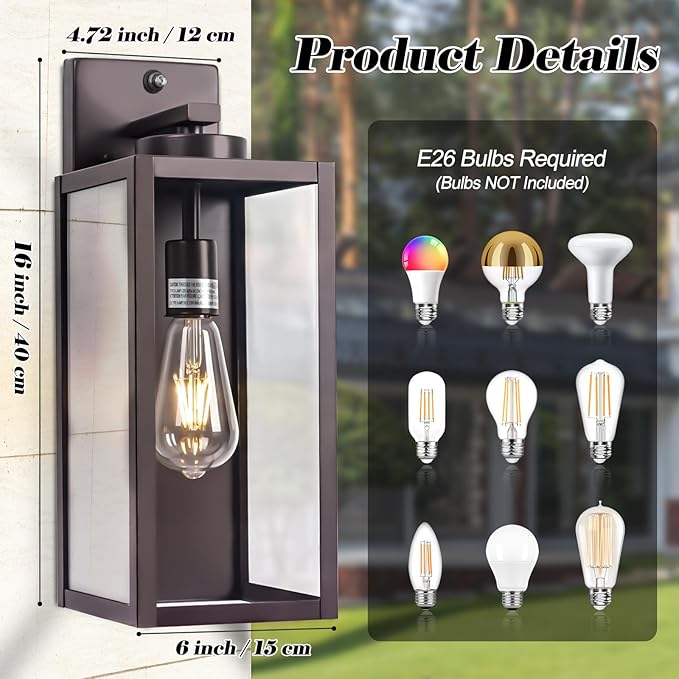 16-inch Oil-Rubbed Bronze Dusk to Dawn Outdoor Wall Light Fixtures, Exterior Waterproof Wall Lanterns, Brown Porch Sconces Lighting, Modern Outside Lights for House Patio Front Door Entryway, 2-Packs