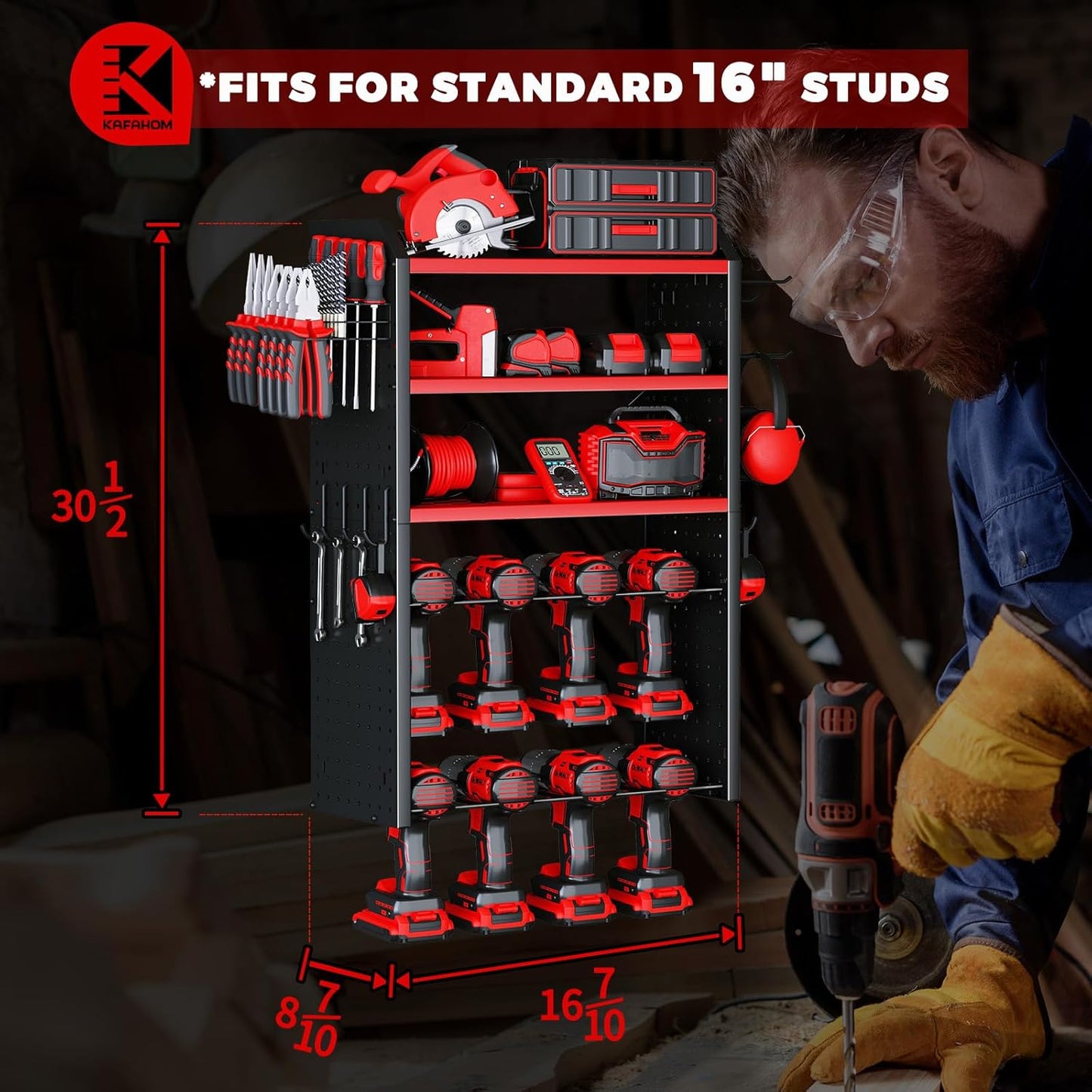 KAFAHOM Power Tool Organizer, Large 8 Drill Holder Wall Mount with 2 Side Pegboards,5 Layer Heavy Duty Metal Tool Storage Rack, Tool Shelf for Garage Organization, Utility Battery Shelves - Red