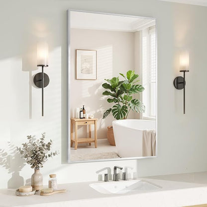 Koonmi Silver Rectangle Wall Mirror, 26x38 Inch Bathroom Mirror, Aluminum Frame by KOONMI