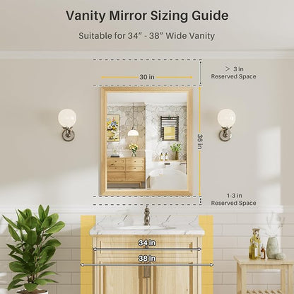 36x30 Inch Bathroom Mirror for Wall, Anti-Rust Oak Wood Grain Metal Framed - Image 2