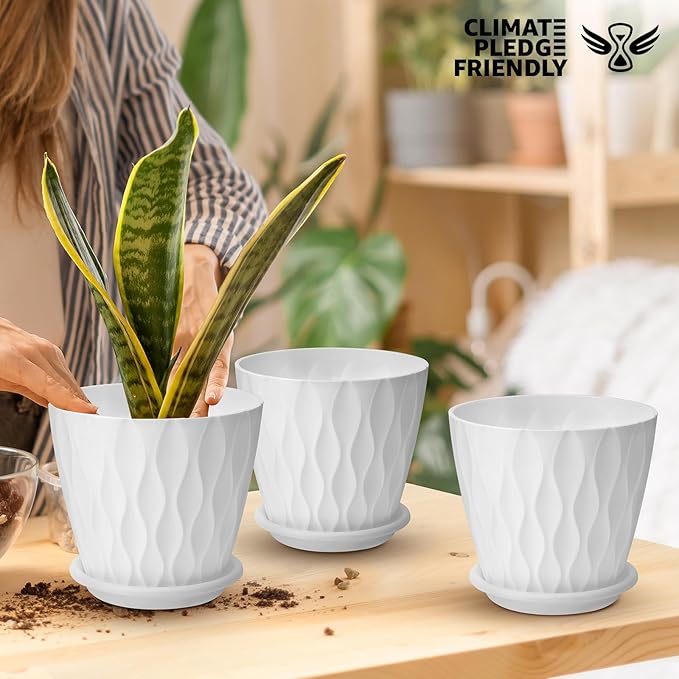 6 inch Plant Pots, 5 Pack Flower Pots Outdoor Indoor, Planters with Drainage Hole and Tray Saucer.