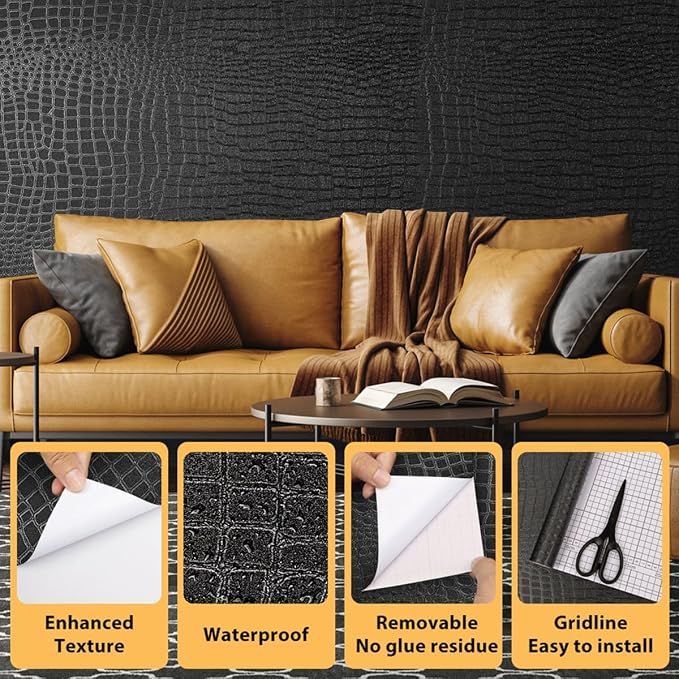 Arthome 17"×240" Black Crocodile Peel and Stick Wallpaper, Charcoal Black - Image 2