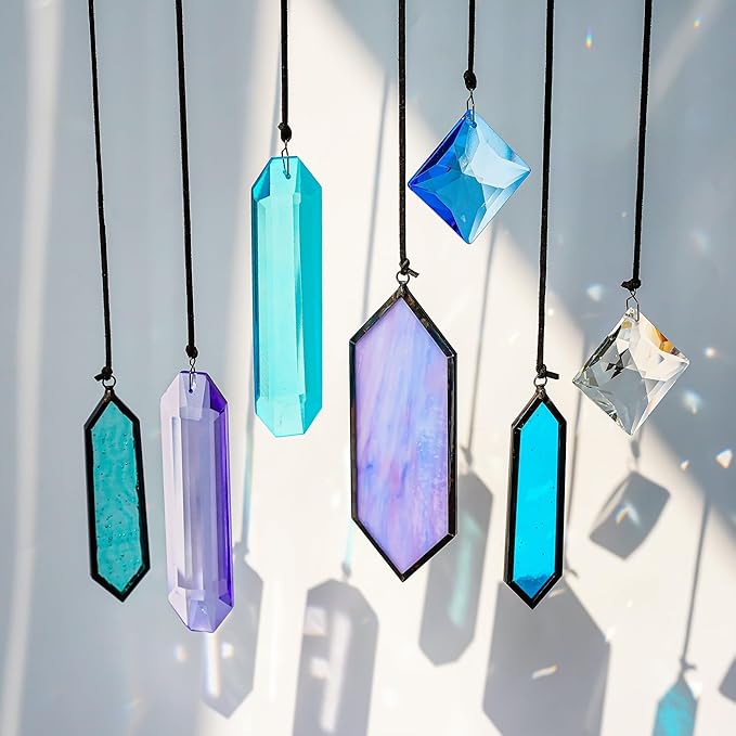 HDCRYSTALGIFTS Set 7 Crystal Blue Dreams Sun Catchers Window Hanging Ornaments Stained Glass Suncatchers Kit for Window Indoor Home Garden Decor