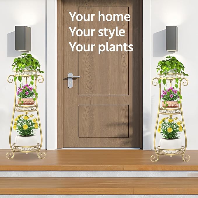 LASZOLA 3 Tier Gold Metal Plant Stand for Multiple Large Planters Indoor Outdoor Organizer, Heavy Duty Tall Flower Stand for Corner Patio Bathroom Office, Modern Sturdy Vertical Iron Rack, Cat Proof