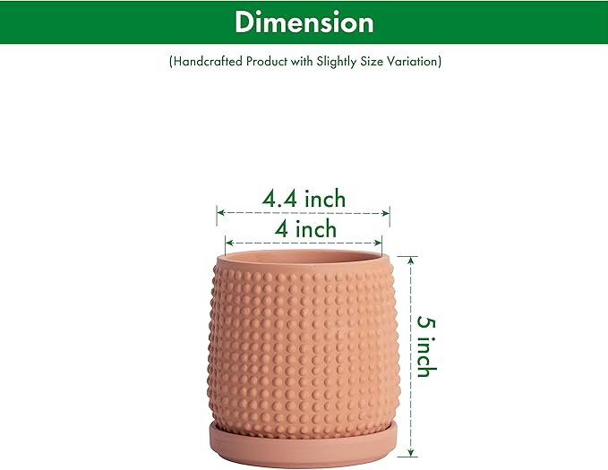 D'vine Dev Set of 2 Ceramic Plants Pots, 4 Inch Beaded Stoneware Flower Pot for Plants with Drainage Hole and Saucer, Terracotta, 27-E-Z-7