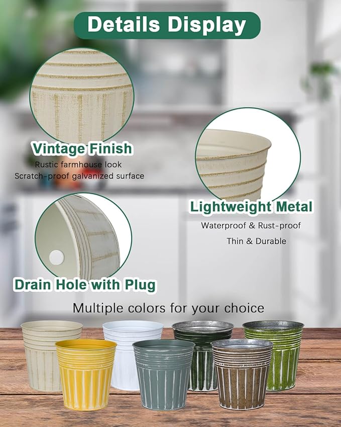 vensovo 6 Inch Grey Green Metal Rustic Flower Pots - 6Pcs Medium Galvanized Planters with Drainage Hole and Rubber Plug, Rustproof Metal Bucket Plant Pots Farmhouse Vintage Style for Decor