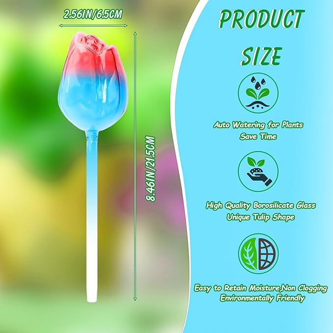 Plant Watering Globes Tulips, 4 Pcs Glass Self Watering Globes, Self Watering Planter Insert with Watering Spikes ,Automatic Plant Watering Devices,Large Watering Bulbs for Indoor & Outdoor Plants