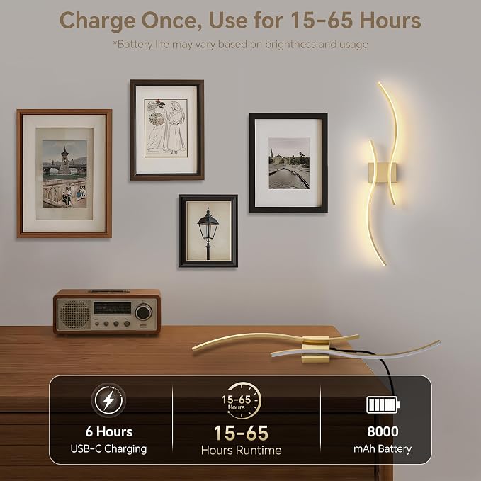 Battery Operated Wall Sconce Set of Two, Dimmable Modern LED Rechargeable Wall - Image 5