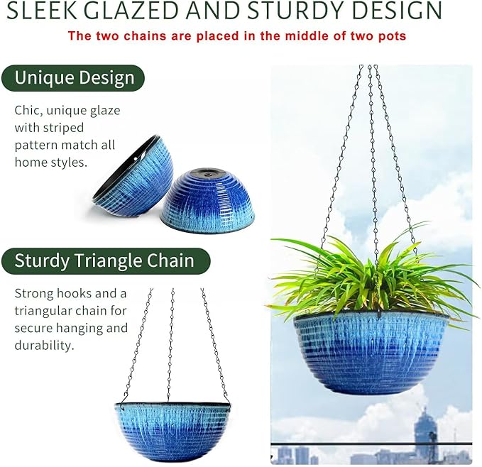 10in Hanging Planters for Indoor and Outdoor Plants, 2 Pack Hanging Planter with Drainage Hole, Round Hanging Flower Pots for Garden Home Decor (Blue Glaze)