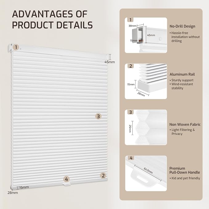 Grandekor No Drill No Tools Cordless Cellular Shades, 29.5" W x 64" H, Light - Image 9
