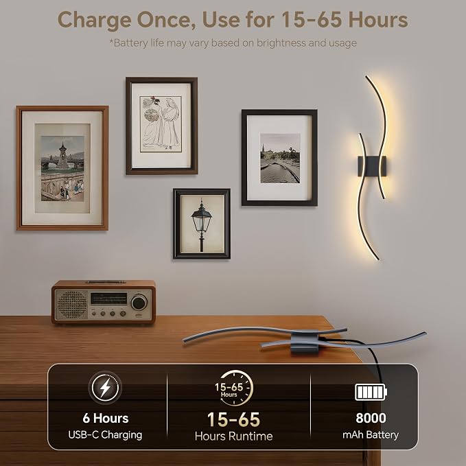 Battery Operated Wall Sconce Set of 2, Dimmable Modern LED Rechargeable Wall - Image 5