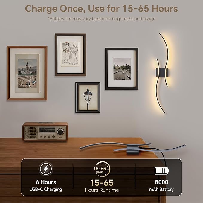 Battery Operated Wall Sconce Set of 2, Dimmable Modern LED Rechargeable Wall - Image 5