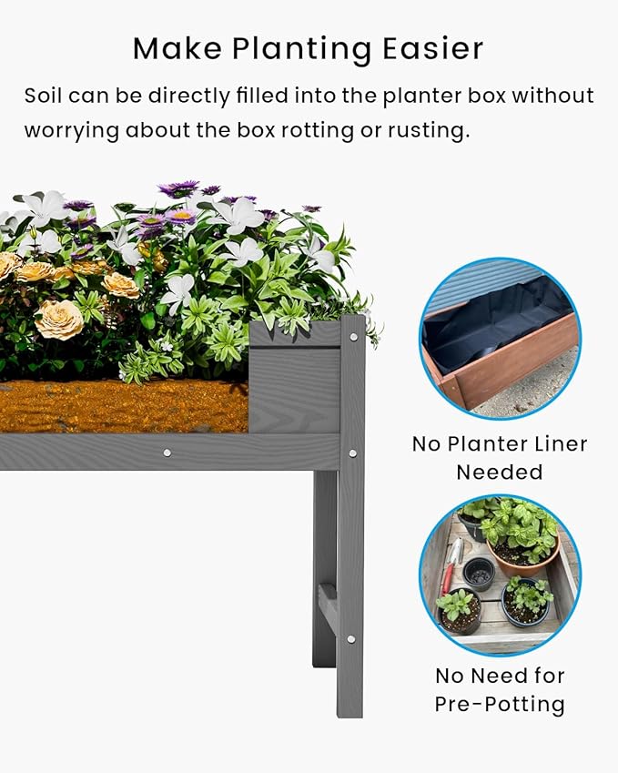 HDPE Raised Garden Bed with Legs, Outdoor Weather-Resistant Elevated Planter Box Stand for Seeds, Herbs, Flowers, Vegetables (Grey)