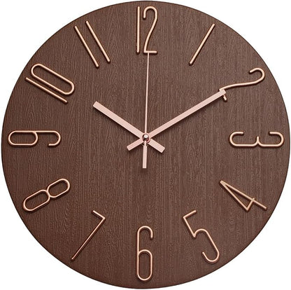 Wall Clock 12 Inch Silent Non-Ticking Imitation Wood Indoor Clock Round Brown by BAKBRAND