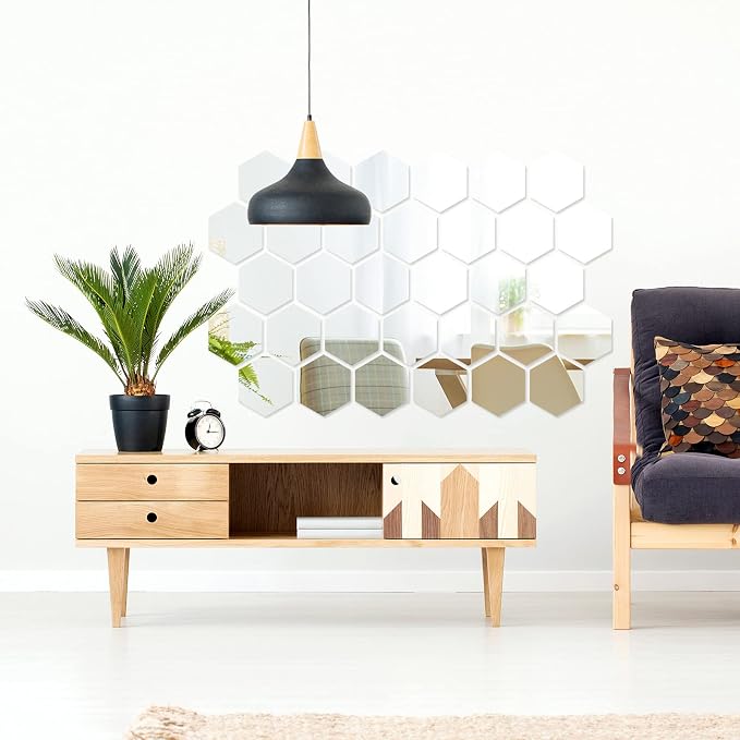 Shappy 32 Pcs Hexagon Mirror Wall Stickers Removable Silver Acrylic Mirror - Image 6