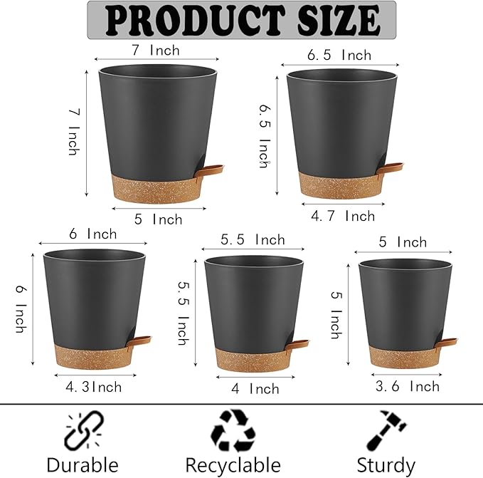 Self Watering Planters Plant Pots Indoor Flower Planting PotsP For Houseplants, African Violet, Flowers, Succulent,Cactus Outdoor Plant Pots with Drainage Holes Black Pots Gift Idea For Lazy people