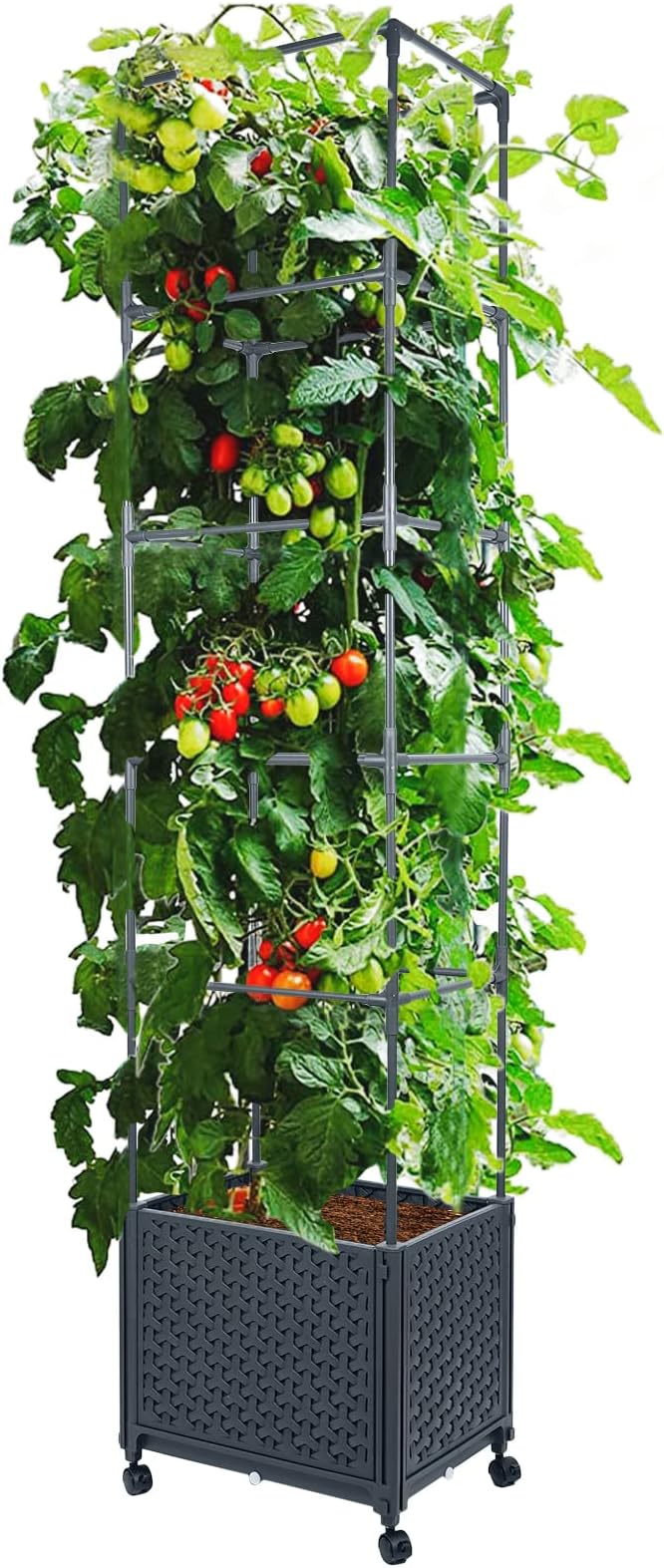 LINEX Raised Garden Bed Planter Box with Trellis, 67.6” Tomato Planters for Climbing Plants Vegetable Vine Flowers Outdoor Patio, Tomatoes Cage w/Self-Watering & Wheels