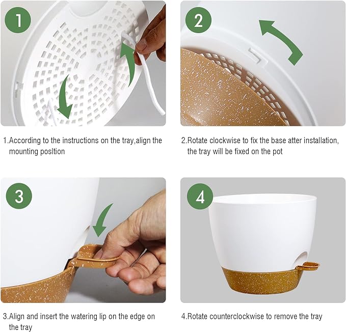 12 inch Large Self Watering Pots, Plastic Planters with 60oZ Removable Deep Reservoir and Multi Mesh Drainage Holes for Indoor Outdoor Garden Plants and Flowers, White with Brown