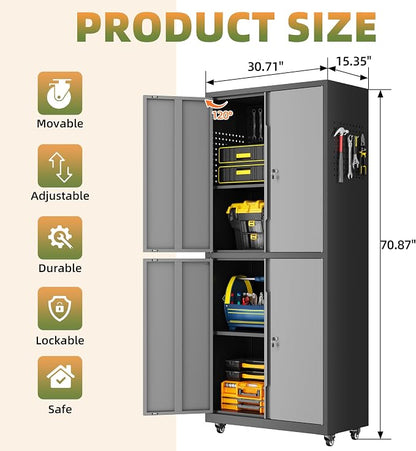 Garage Storage Cabinet with Wheels, Lockable Metal Storage Cabinet - Image 3
