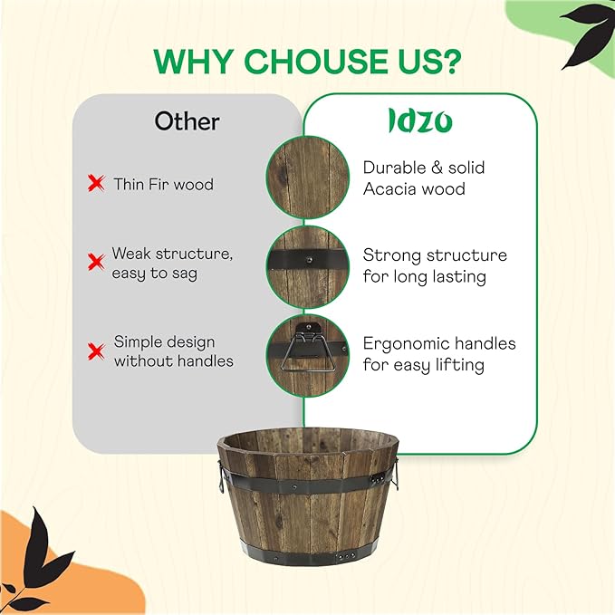 IDZO Set of 3 Wooden Flower Planters for Outdoor Plants, Acacia Wood Barrel Planters, Ergonomic Handles, Drainage Holes, Various Sizes, Walnut