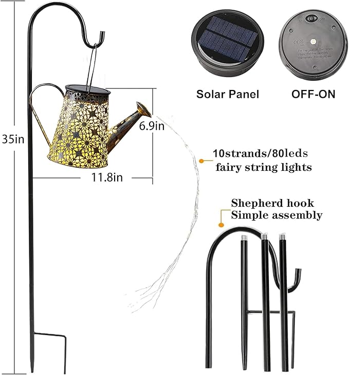VOOKRY Watering Can with Lights, Large Hanging Solar Lights Outdoor Waterproof, Decorative Retro Metal Solar Garden Decor for Patio Yard Porch Lawn Landscape Gardening Gifts for Mom Grandma Women