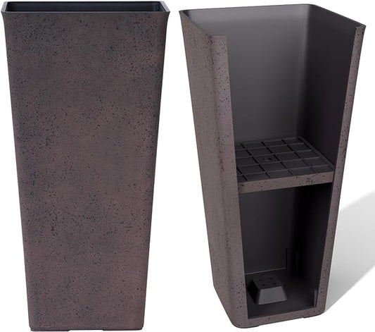 LA JOLIE MUSE 26 inch Tall Planters for Outdoor Plants,Set of 2 Tapered Planters with Trays,Iron Plastic Rectangular Tall Planters for Front Door, Patio and Deck, 26'' Iron With Tray