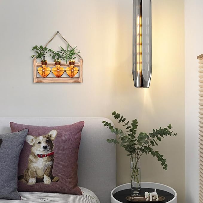 Plant Terrarium Propagation Stations Hydroponics Home Garden Decoration Gift for Women with Wooden Stand Heart Shaped Colored Glass Vase